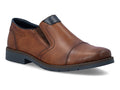 A brown leather slip-on loafer with a dark navy blue sole, lining, and heel tab, shown from a three-quarters angle on a white background.