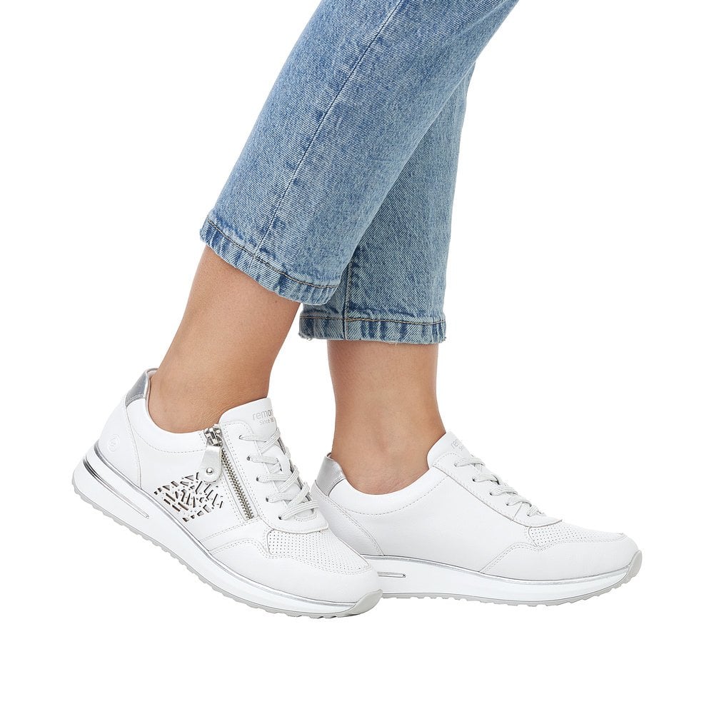 Remonte D1G00 Lace & Zip Up Wedge Trainers - White Silver - image 002 |ww_colour=white-silver|ww_order=002|