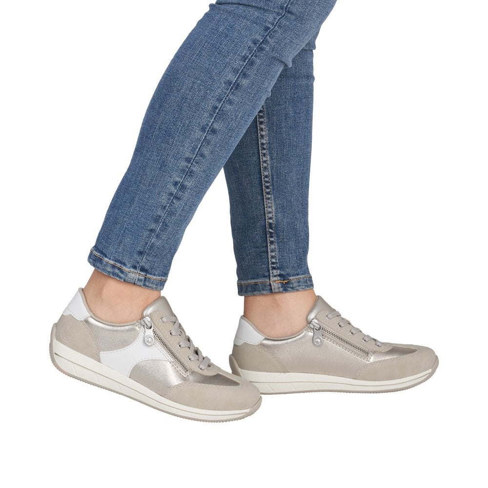 Rieker N1103 Wide Fit Lace/Zip-up Trainer - Beige Combi - image 002 |ww_colour=beige-combi|ww_order=002|