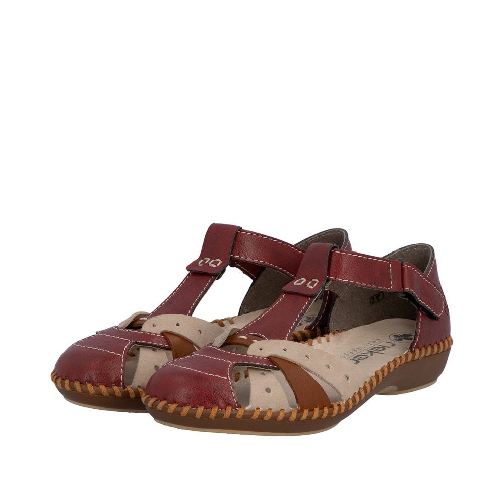 Rieker T Bar Summer Sandal - Red Combi - image 002 |ww_colour=red-combi|ww_order=002|