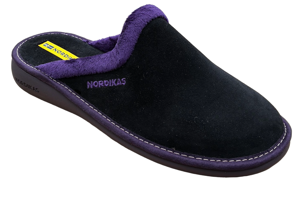 Nordikas 234-8 Natala Womens Negro/Black Suede Mule Slippers - Updated Sole