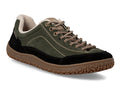 Rieker 52303 an olive green and black low-top sneaker with a brown textured sole and braided brown laces, shown on a white background.