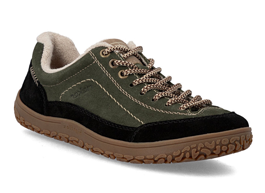Rieker 52303 an olive green and black low-top sneaker with a brown textured sole and braided brown laces, shown on a white background.