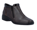 A dark brown leather ankle boot with a side zipper, low wedge heel, and a small brown embroidered logo on the heel, shown against a plain white background.