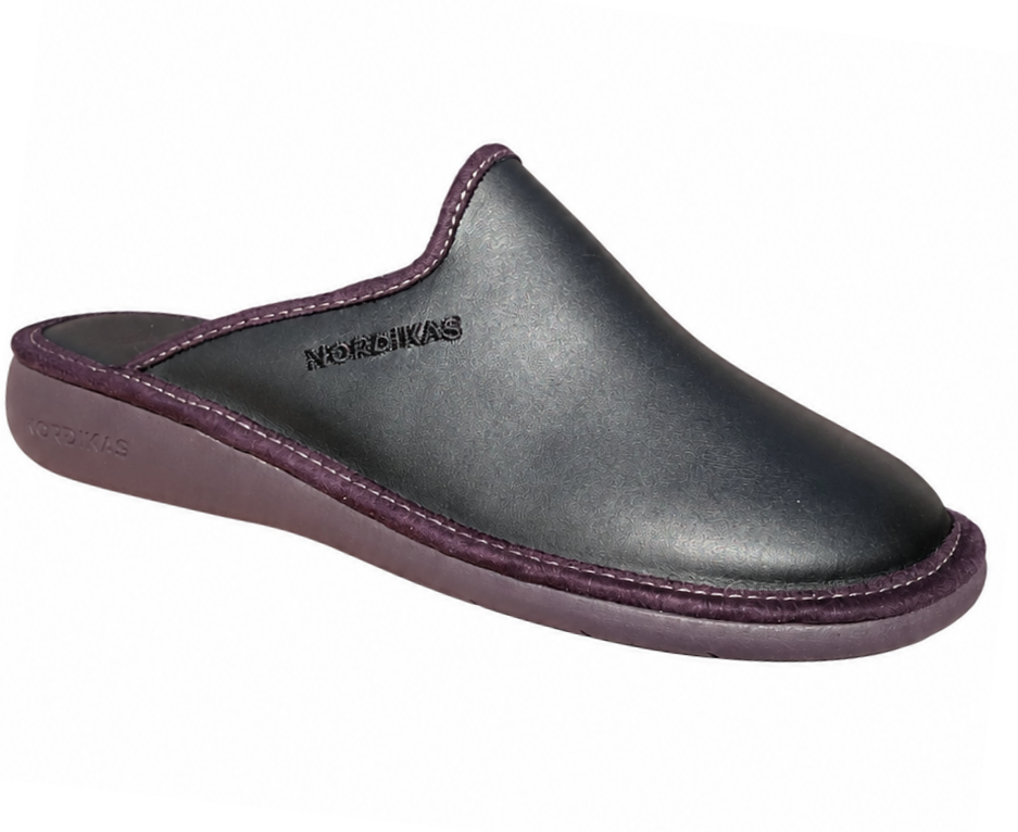 A single black leather slip-on mule shoe by Nokhikas, featuring a dark purple sole and matching purple contrast stitching, shown against a plain white background.